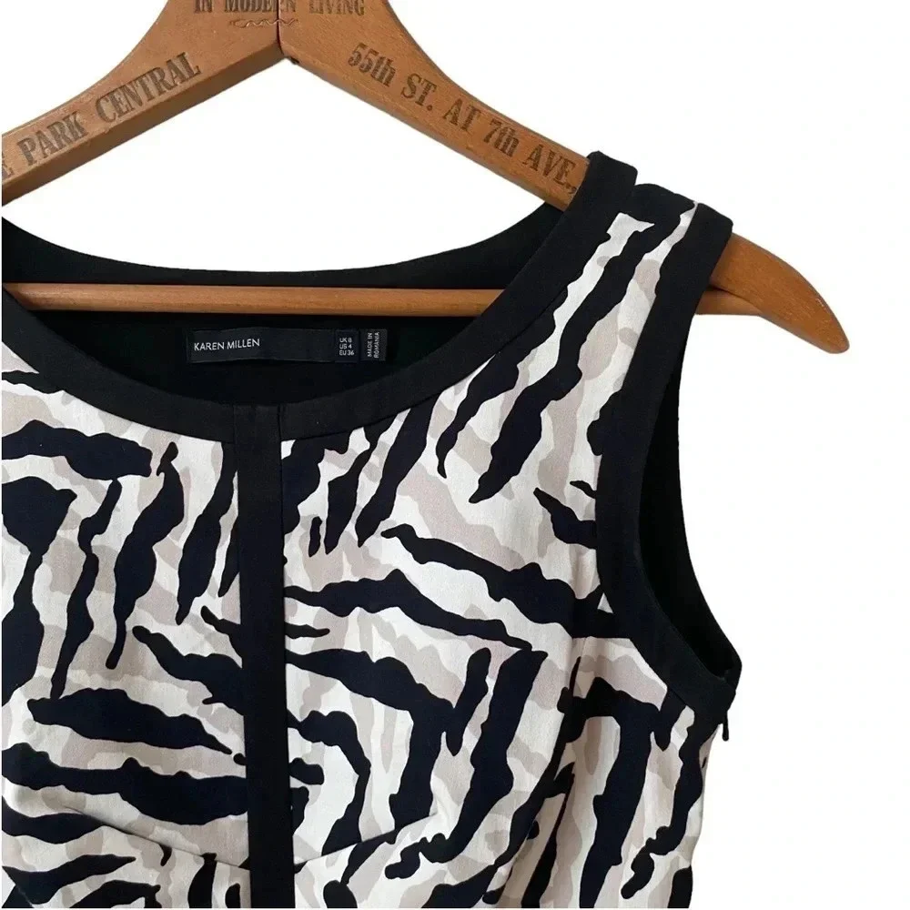 Karen Millen Zebra Print Bodycon Dress Cutout Back Black White Cocktail Size 4